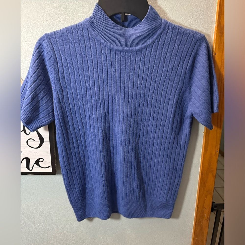 Villager Acrylic High Neck Short Sleeve Sweater Top Vintage Blue Size M